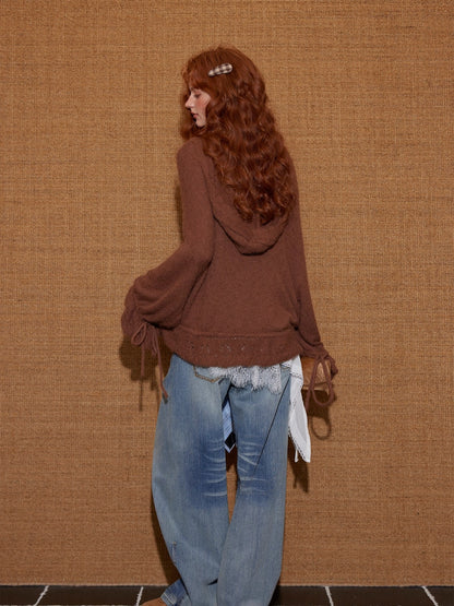 Wool-Blend Drawstring Floral V-Neck Knitted Cardigan - CHINASQUAD