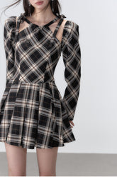 Black Plaid A-line Halter Mini Dress - CHINASQUAD