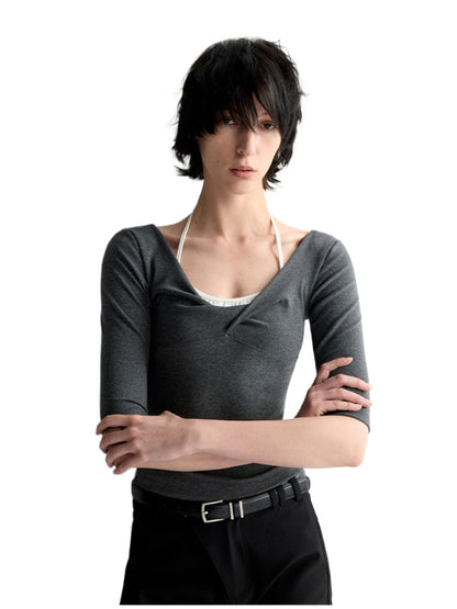 Twist Neck Waist-Tying T-shirt