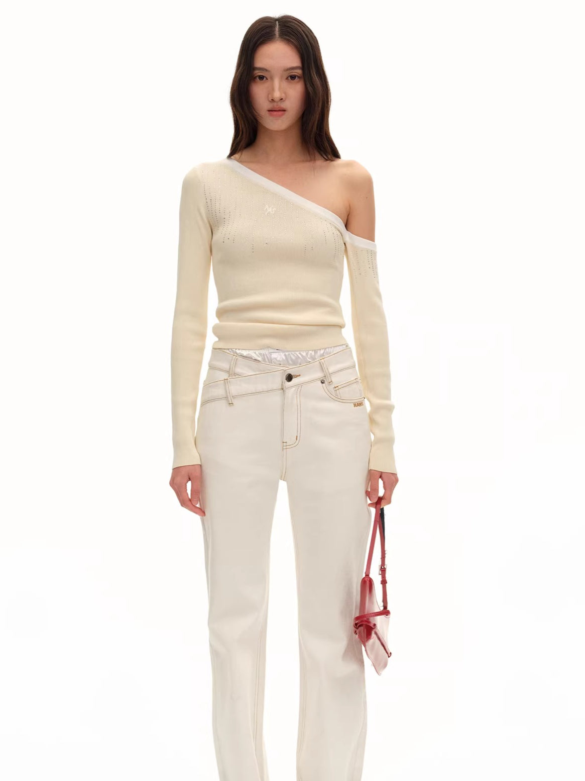 Asymmetric Off-Shoulder Sculpt Knit Crewneck