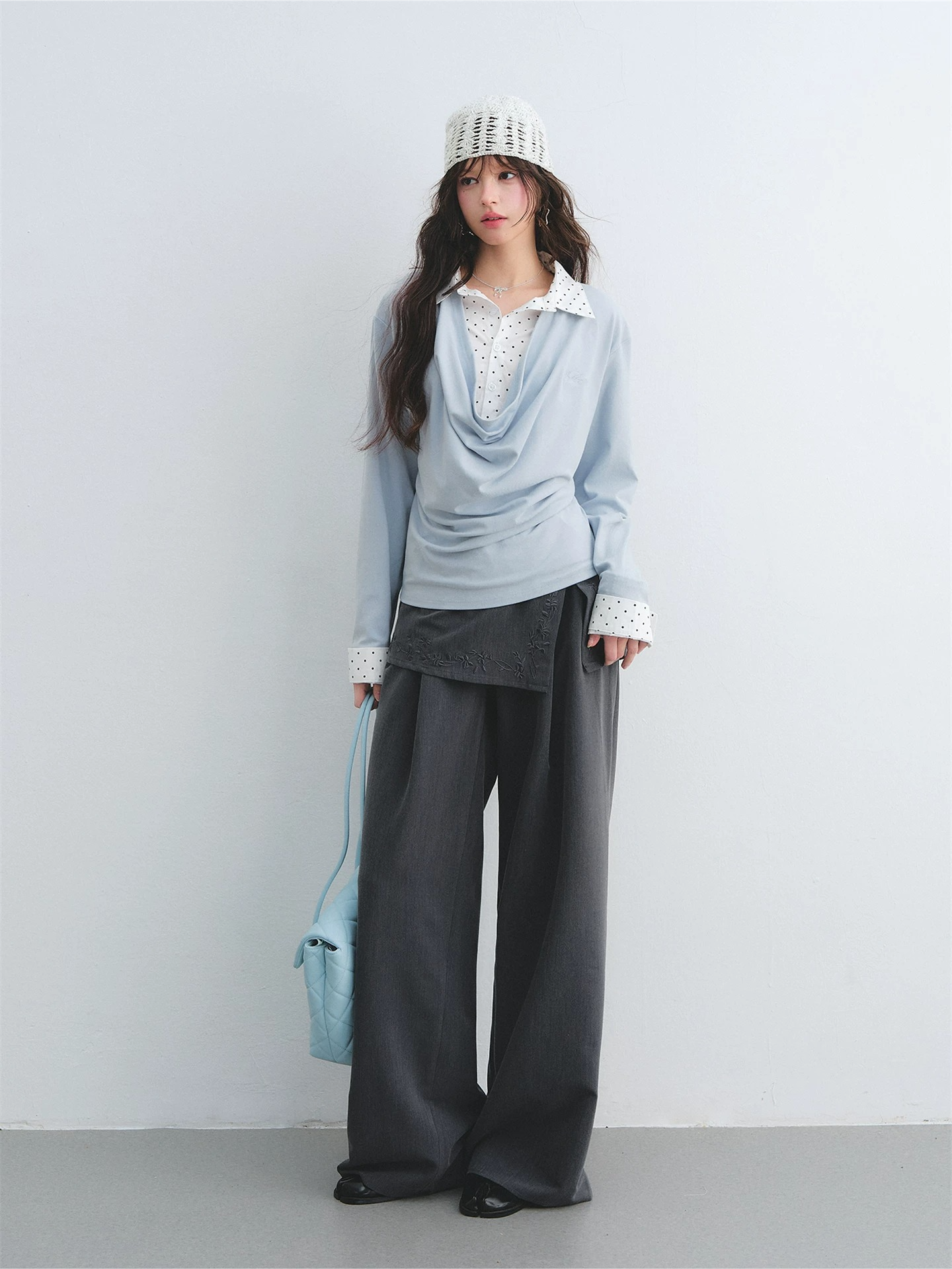 Polka Dot Shirt Panel Faux-Layer Draped Collar Top