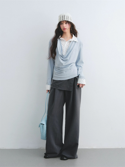 Polka Dot Shirt Panel Faux-Layer Draped Collar Top