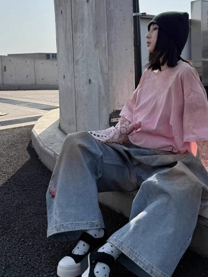 Lace-Panel Spray-Dyed Cotton T-Shirt