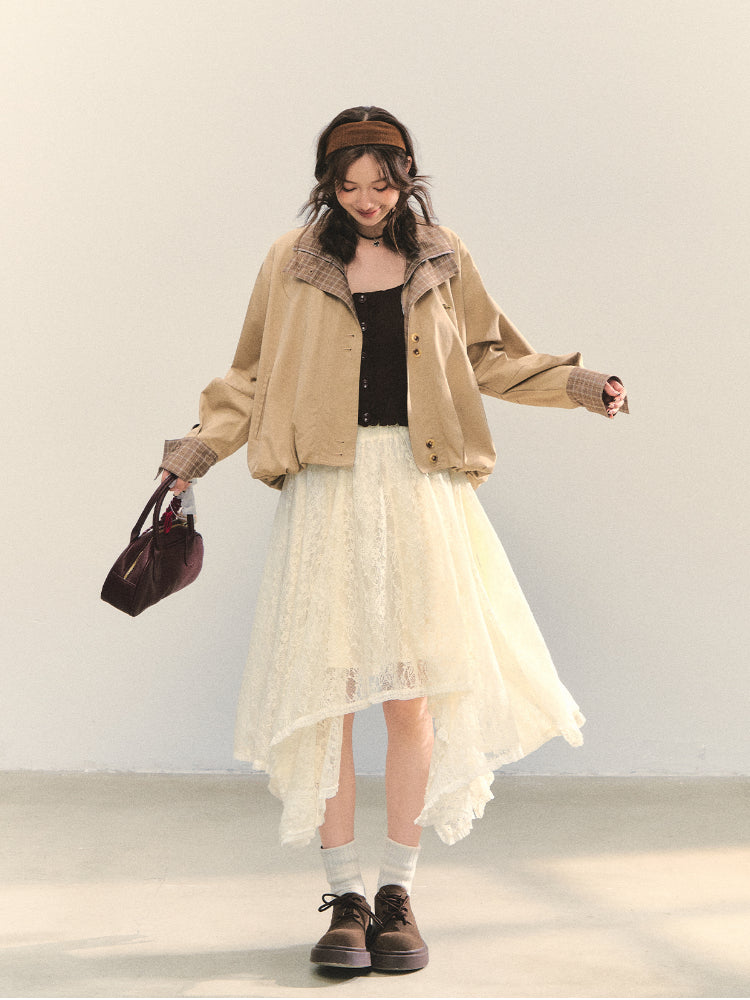 Two-piece Plaid Spliced Cocoon-shaped Trench Jacket - CHINASQUAD