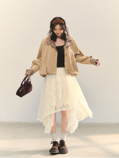 Two-piece Plaid Spliced Cocoon-shaped Trench Jacket - CHINASQUAD