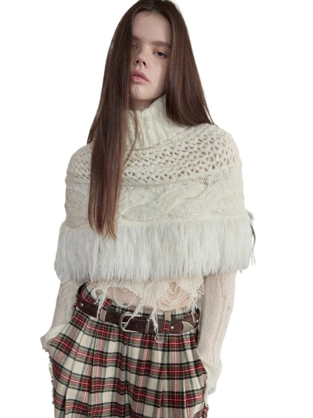 Cable Knit Fringed High-Neck Wool Blend Poncho