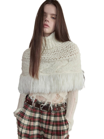 Cable Knit Fringed High-Neck Wool Blend Poncho