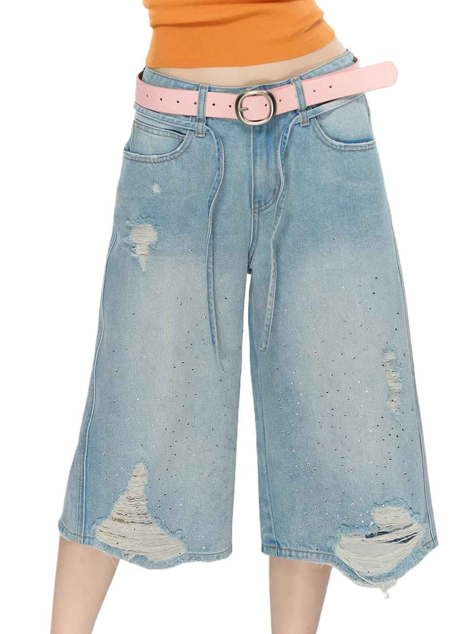 Crystal Distressed Cropped Straight-Leg Denim Jeans