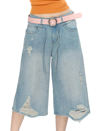 Crystal Distressed Cropped Straight-Leg Denim Jeans