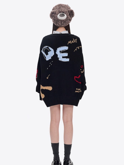 Graffiti Knit V-Neck Cardigan