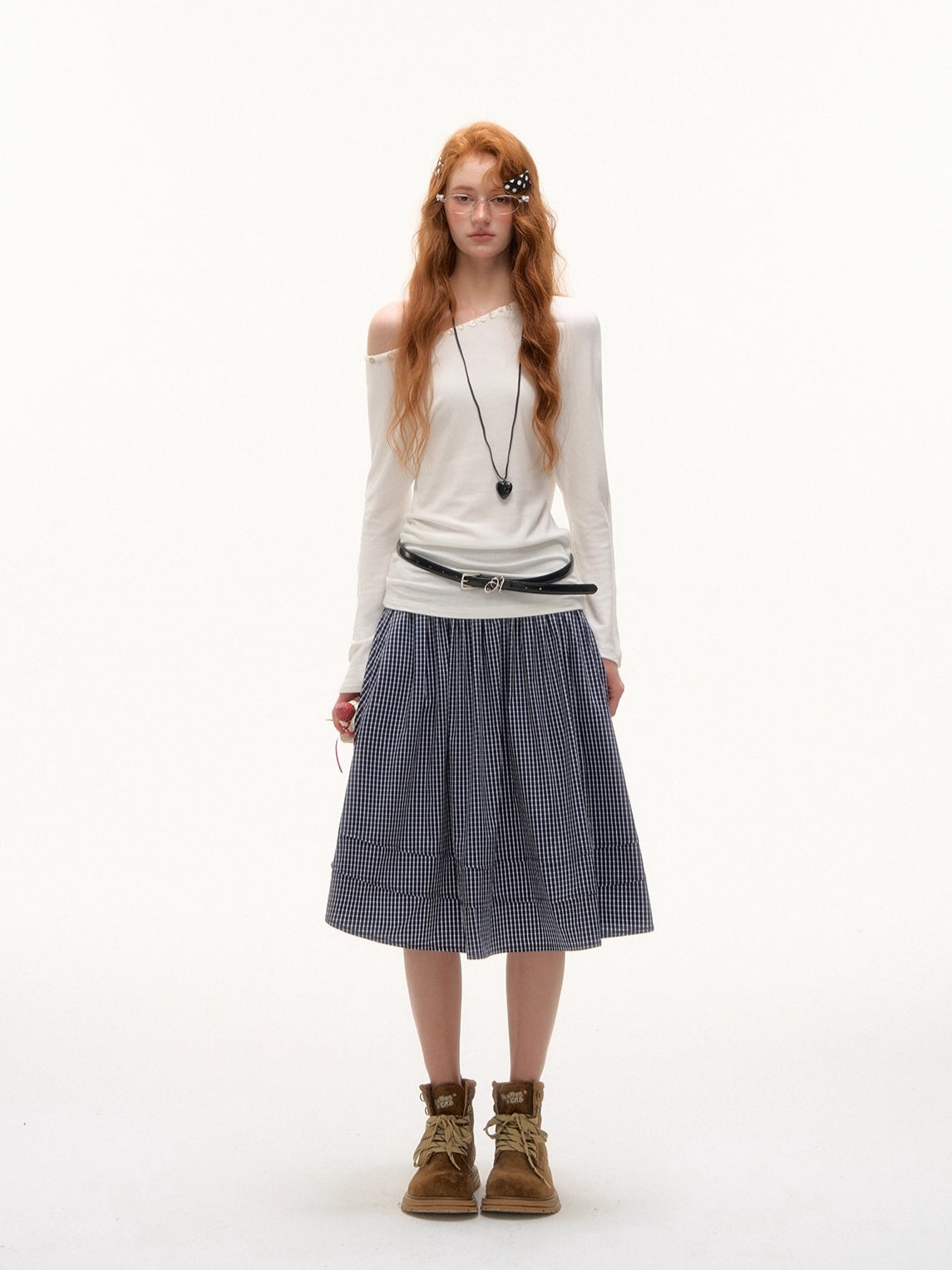 Off-Shoulder Pearl-Button Long-Sleeve T-Shirt