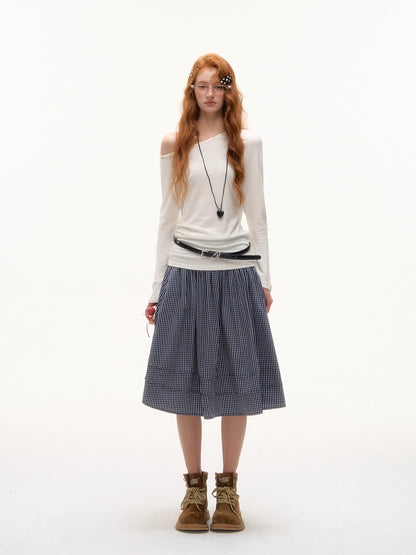Off-Shoulder Pearl-Button Long-Sleeve T-Shirt
