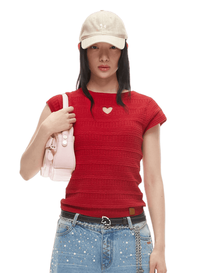 Heart Cut-Out Linen Blend Slim Tee