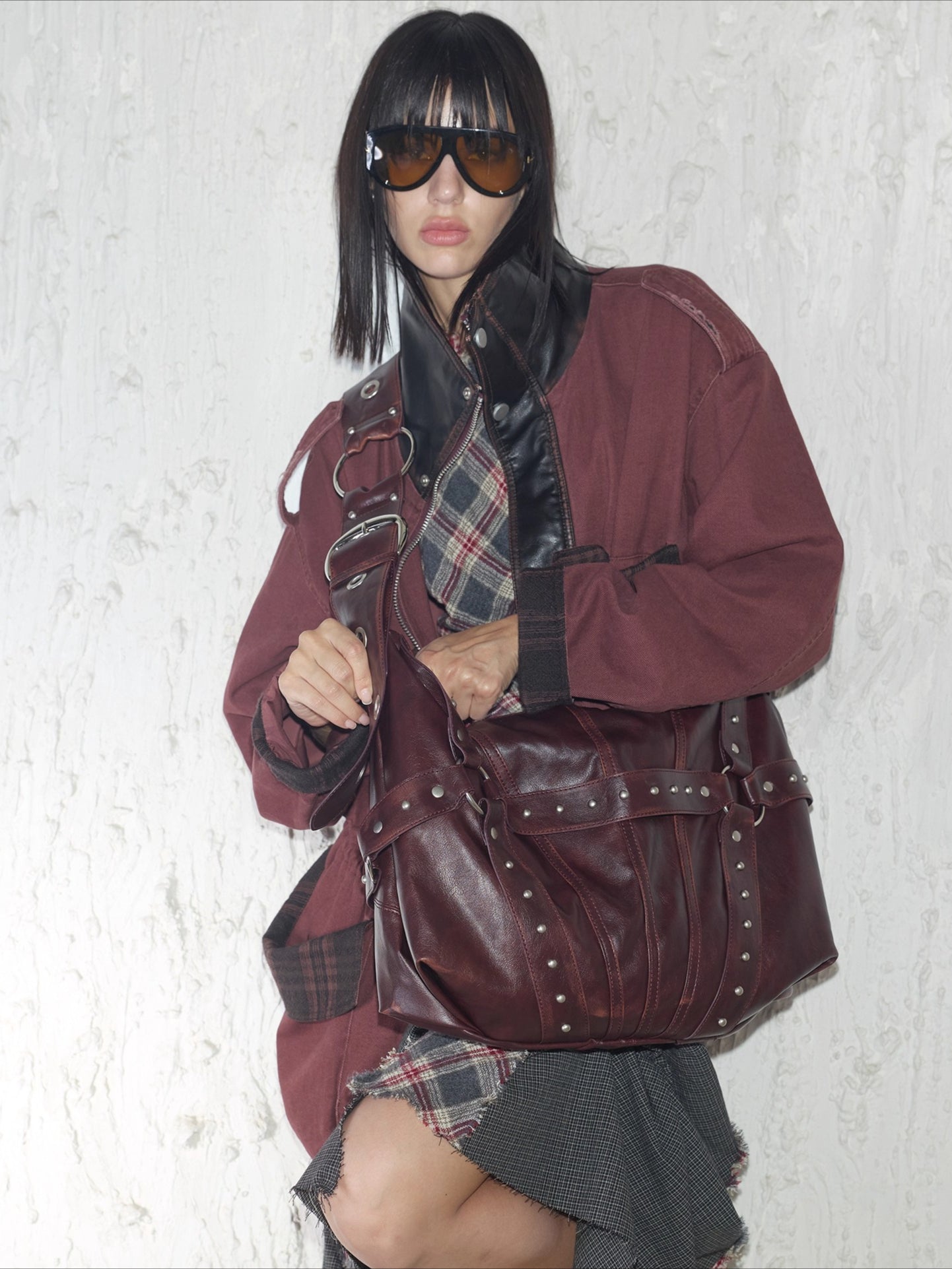 Vintage Studded Wide-Strap Crossbody Bag