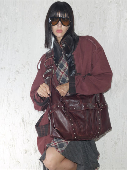 Vintage Studded Wide-Strap Crossbody Bag