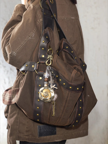 Vintage Studded Wide-Strap Crossbody Bag