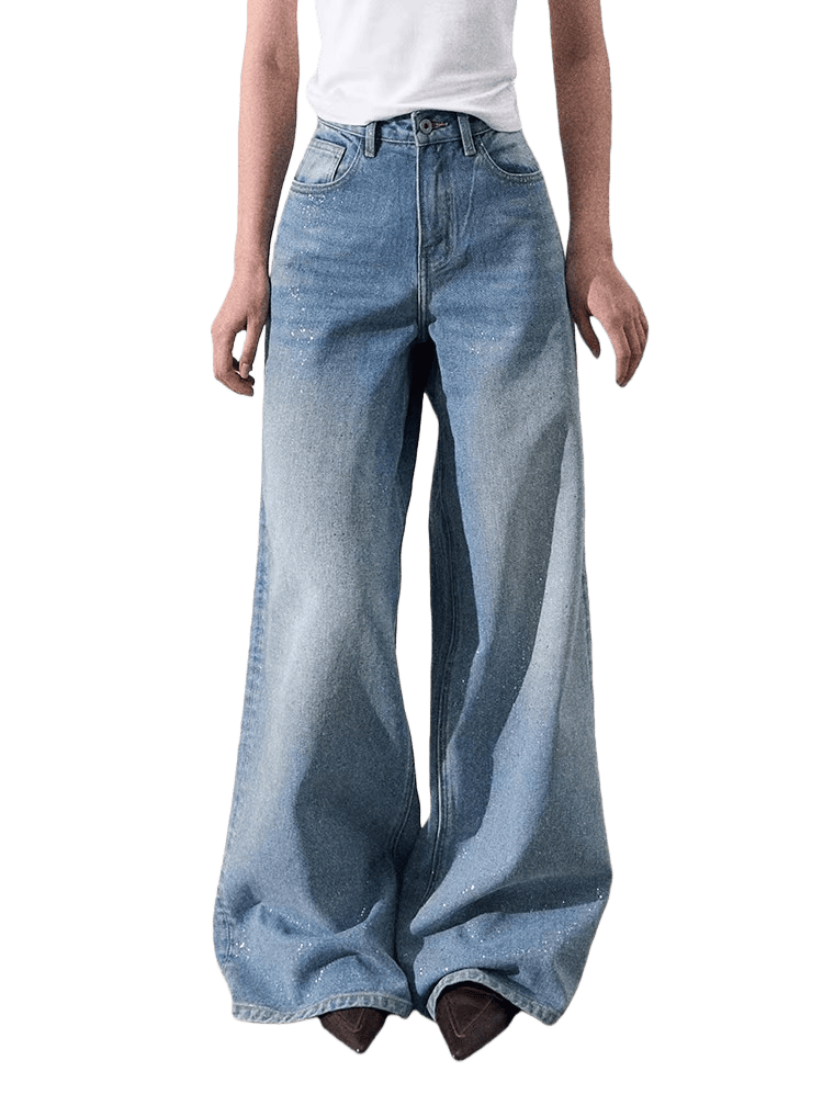 Cotton Silver-Splatter Wide-Leg Jeans