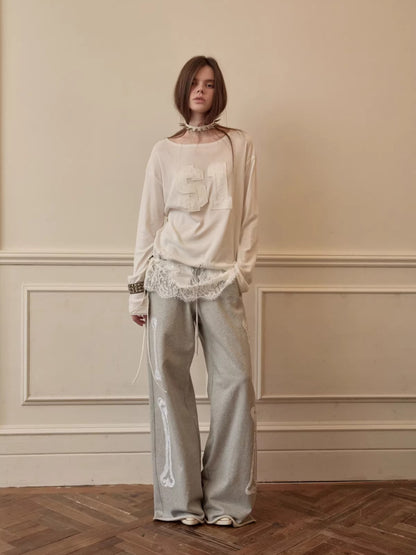 Lace-Hem Drawstring Long-Sleeve T-Shirt