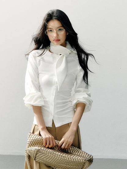 Scarf Collar Fitted Knit Long Sleeve Shirt
