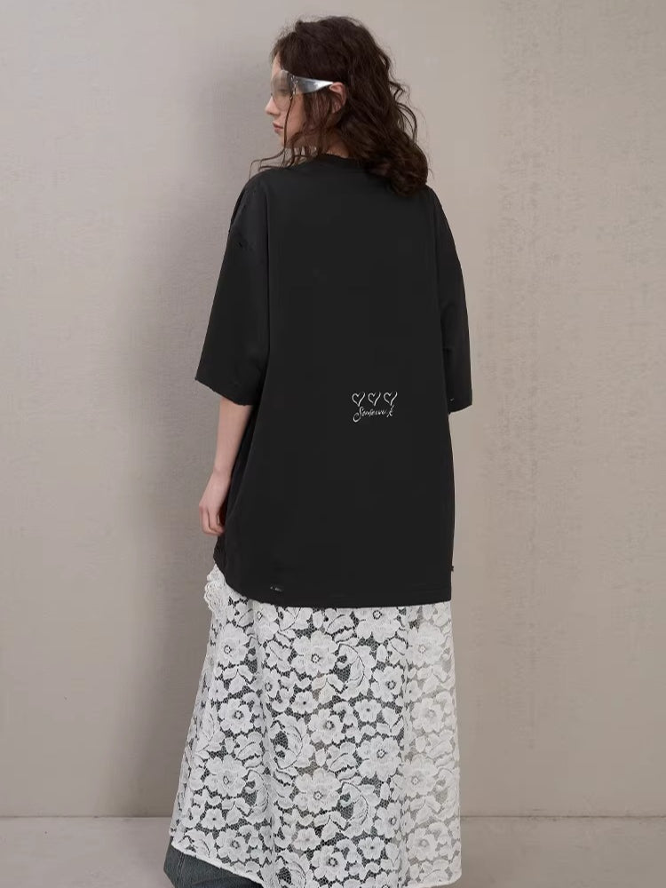 Letter Print Distressed Oversized T-Shirt