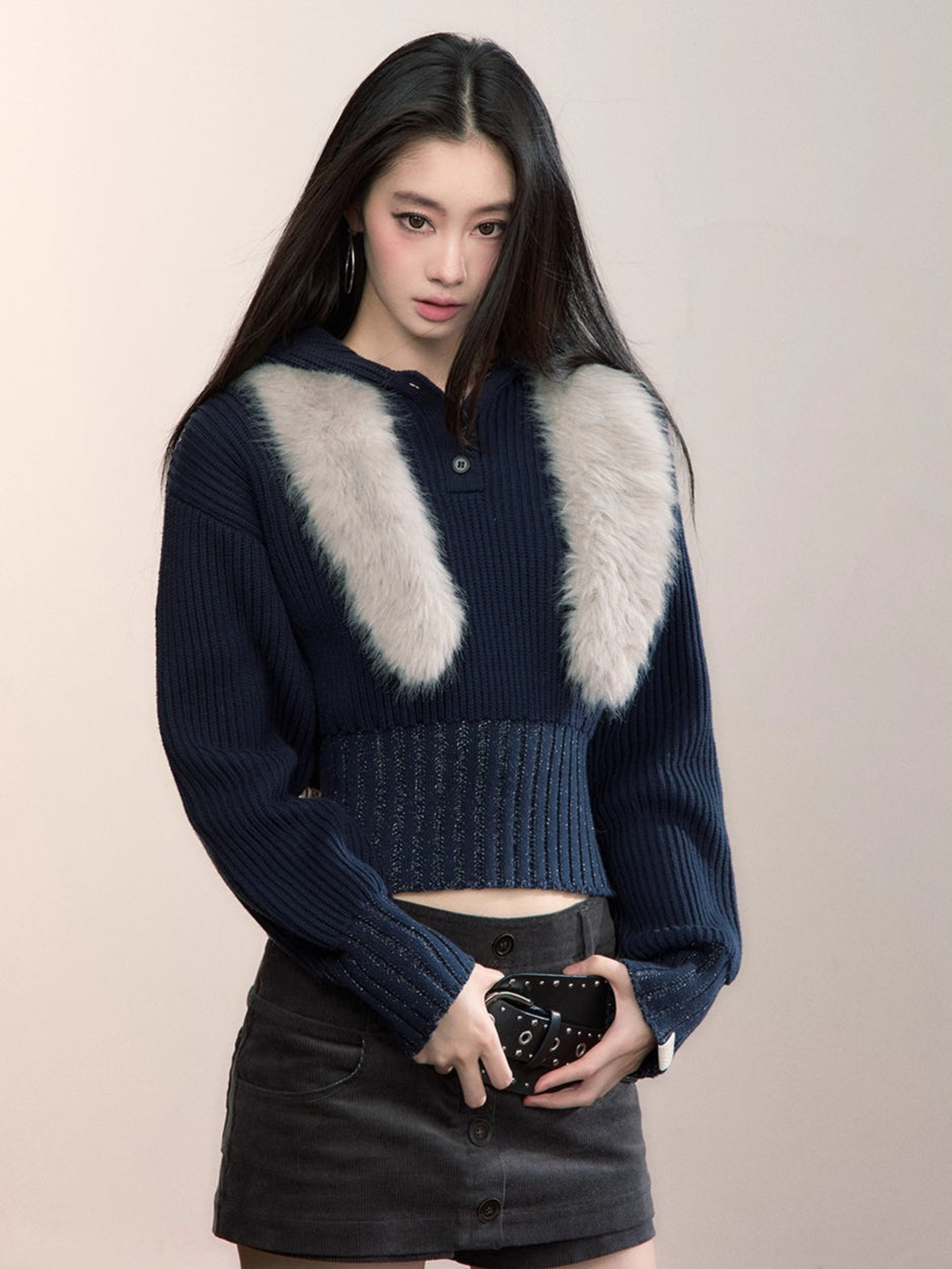 Ribbed Hooded Knit Pullover Sweater