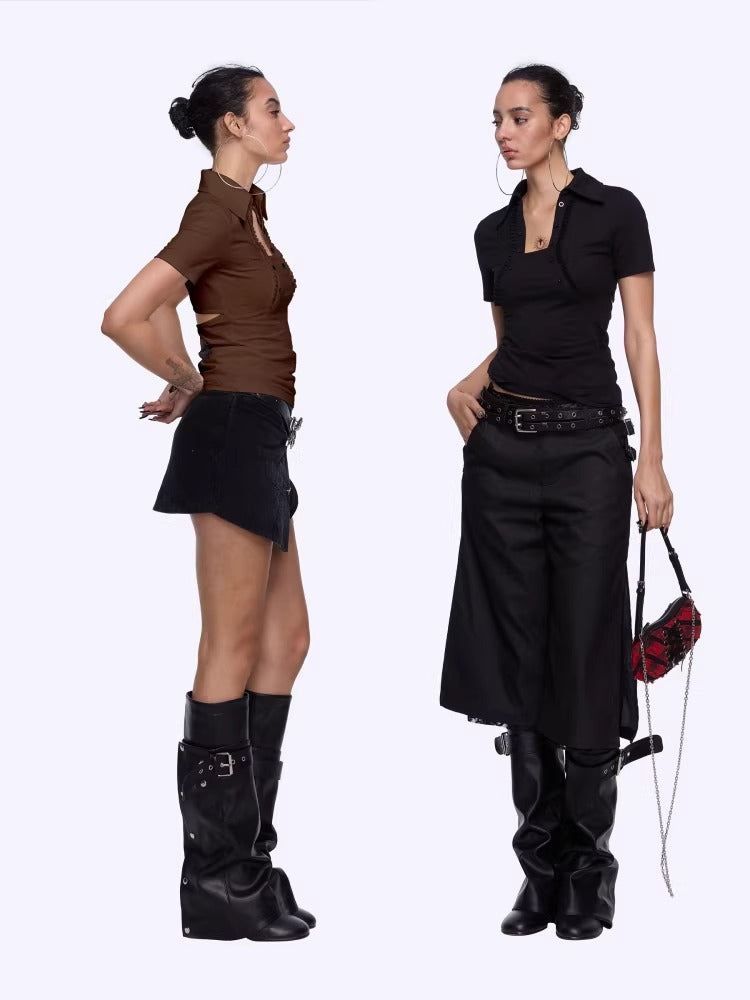 Backless Letter Print Lace-Trim Polo T-Shirt