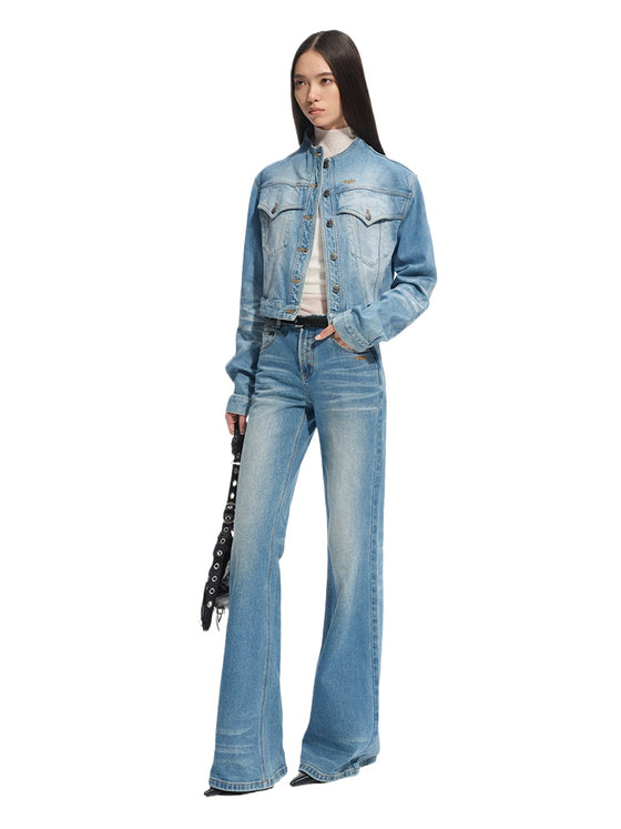 Twill Denim Cat-Whisker Stand-Collar Cropped Jacket