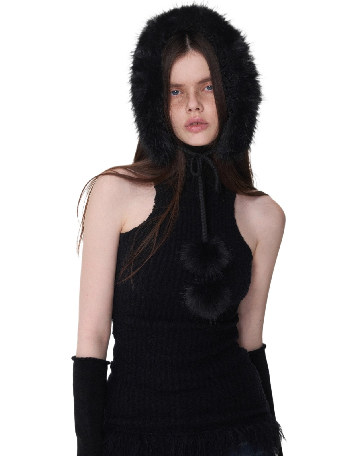 Fringe Knit Vest &amp; Hooded Sleeveless Set