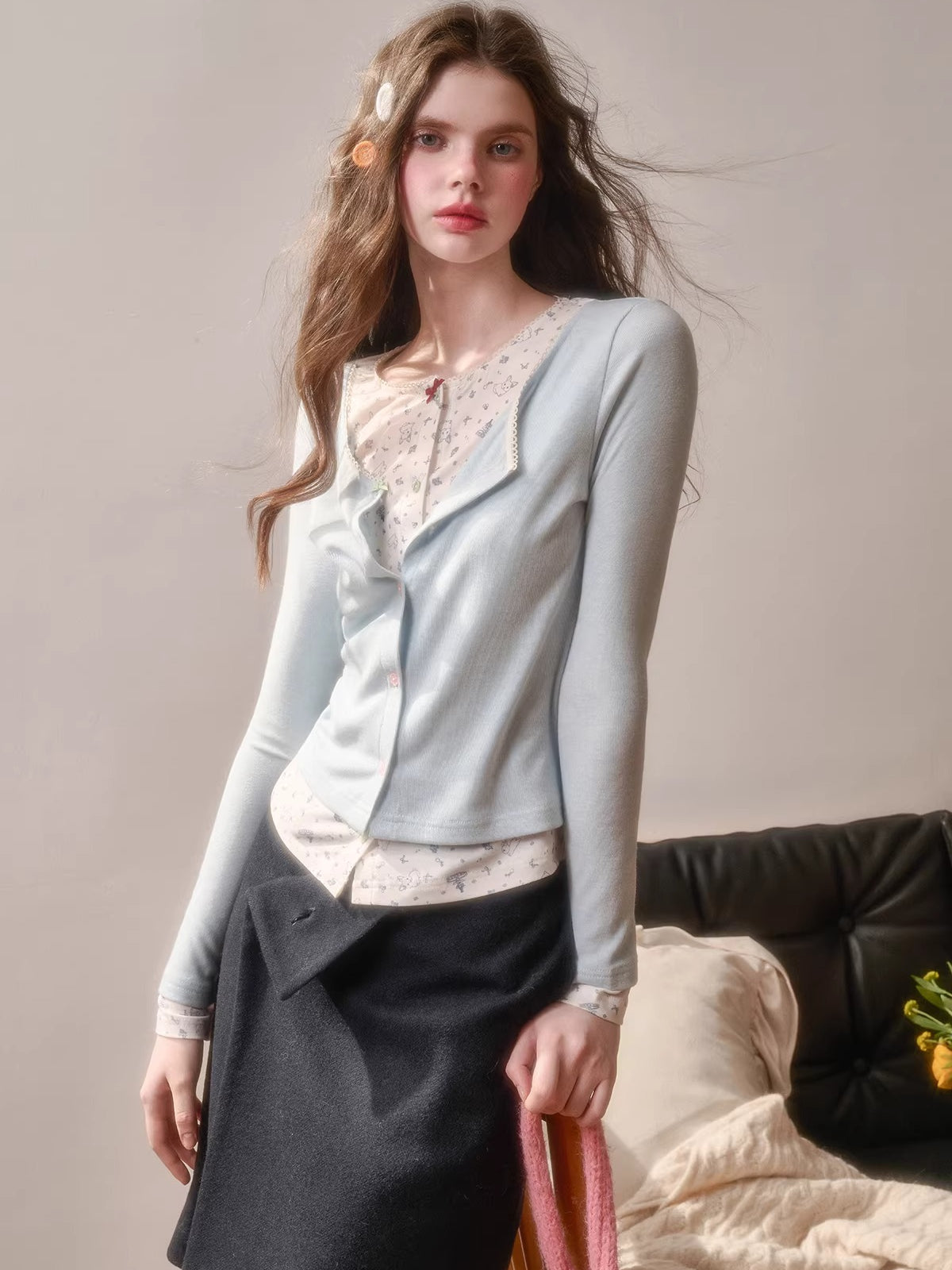 Cotton Layered-Effect Printed Cardigan