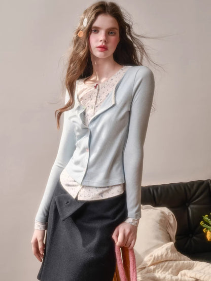 Cotton Layered-Effect Printed Cardigan