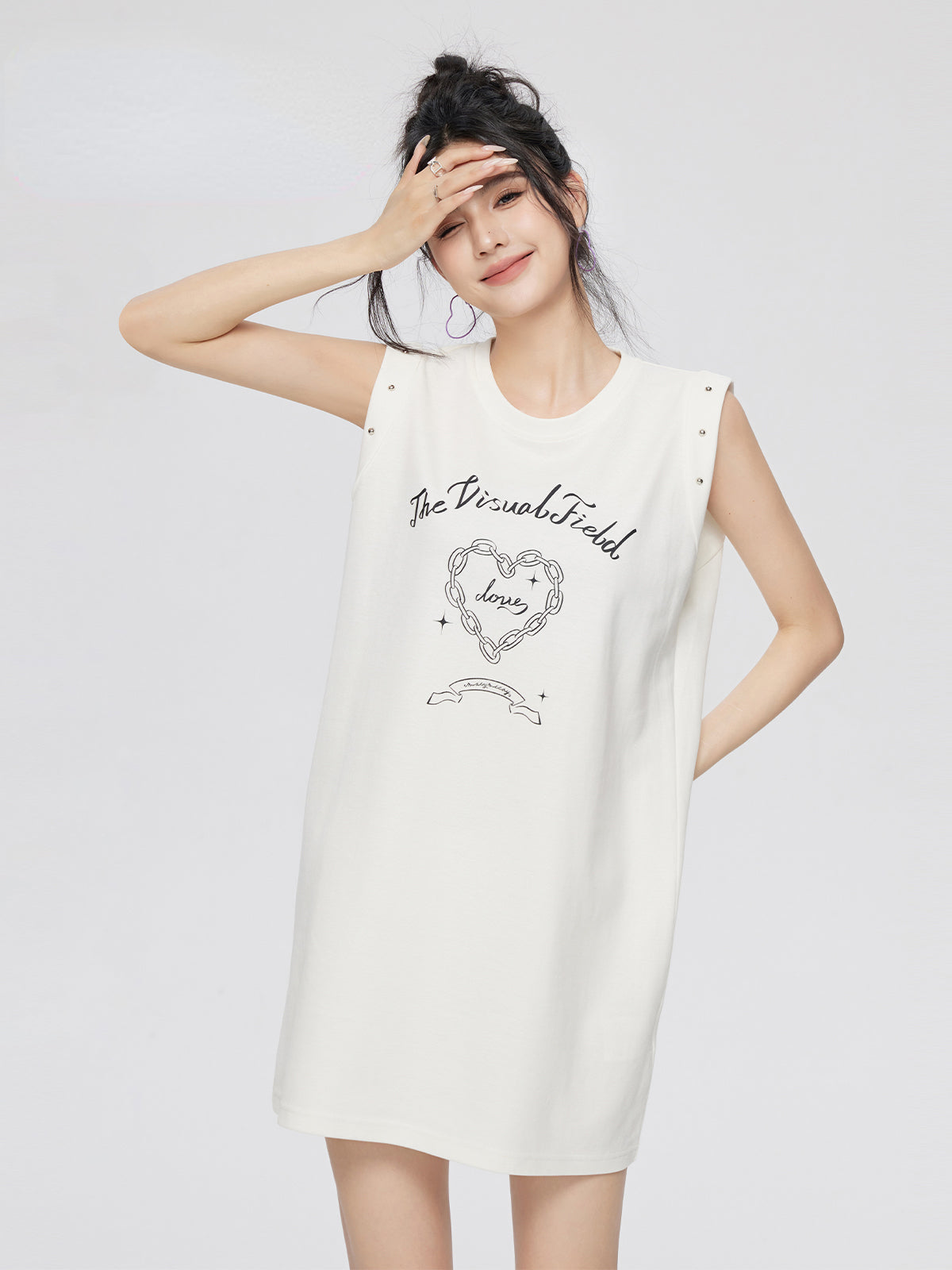 White &amp; Black Love Pattern Sleeveless Dress