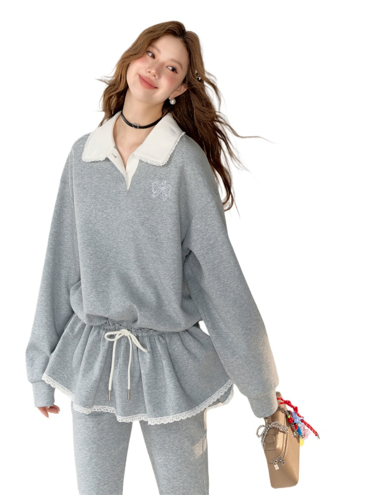 Lace Trim Bow Tie Long Sleeve Polo Sweatshirt