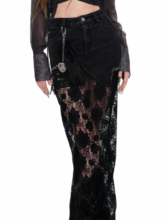 (Final Sale) Black &amp; Blue Lace Panel Denim Maxi Skirt