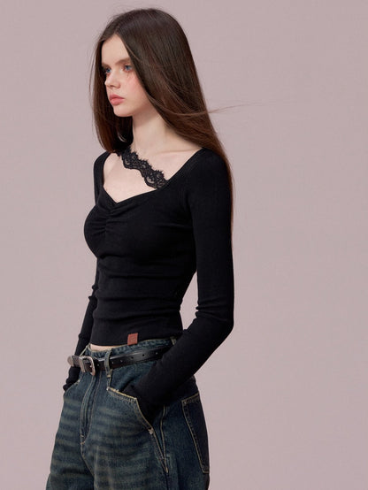 Ruched Lace-Trim Fitted Knit T-Shirt