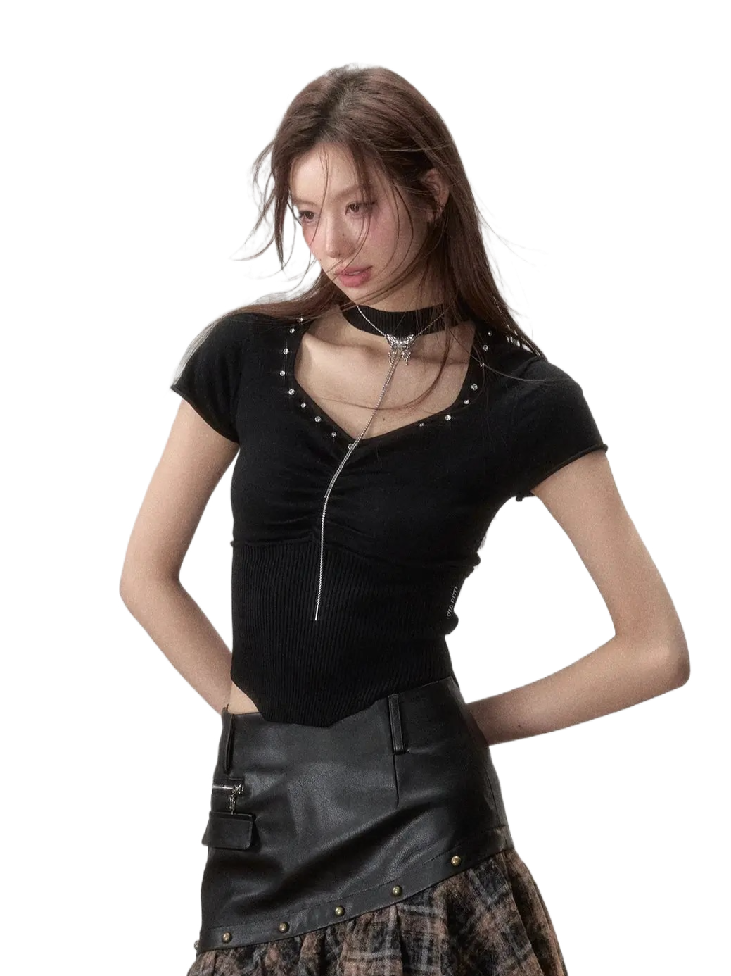 Choker Collar Rhinestone Cinched Waist T-Shirt