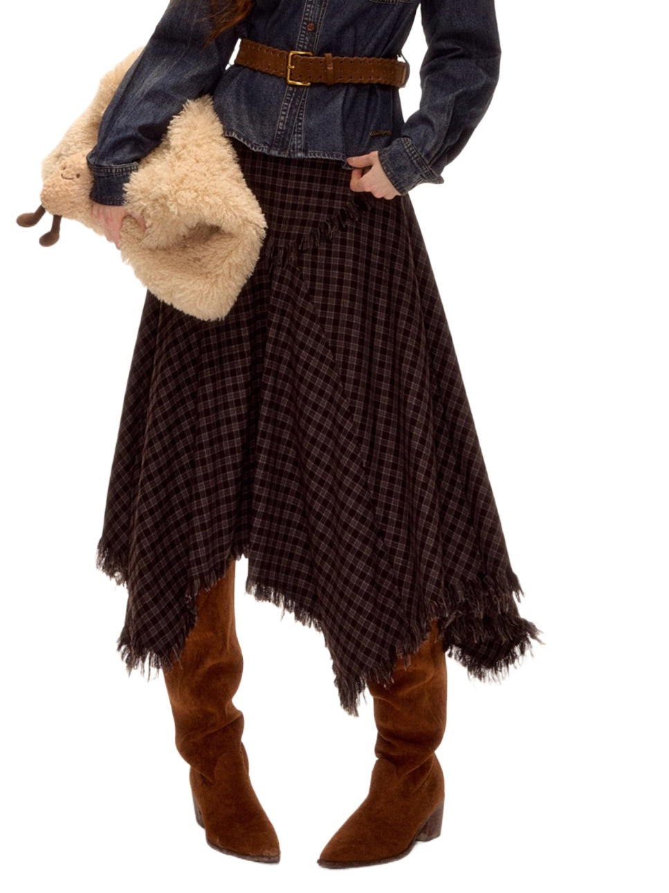 Frayed Hem Plaid Studded Belt Asymmetric A-Line Midi Skirt