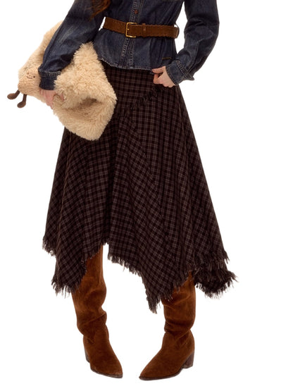 Frayed Hem Plaid Studded Belt Asymmetric A-Line Midi Skirt