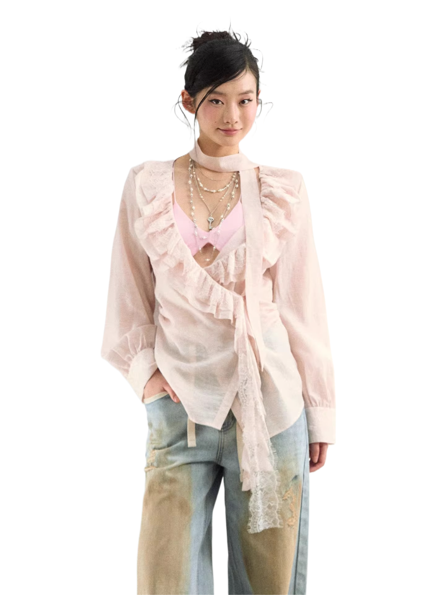 Lace Ruffle Tie Blouse