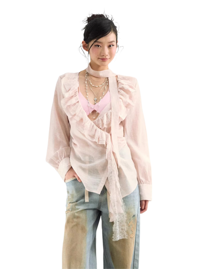 Lace Ruffle Tie Blouse