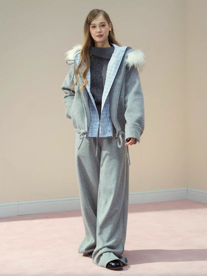 Plaid-Waist Straight Wool Trousers
