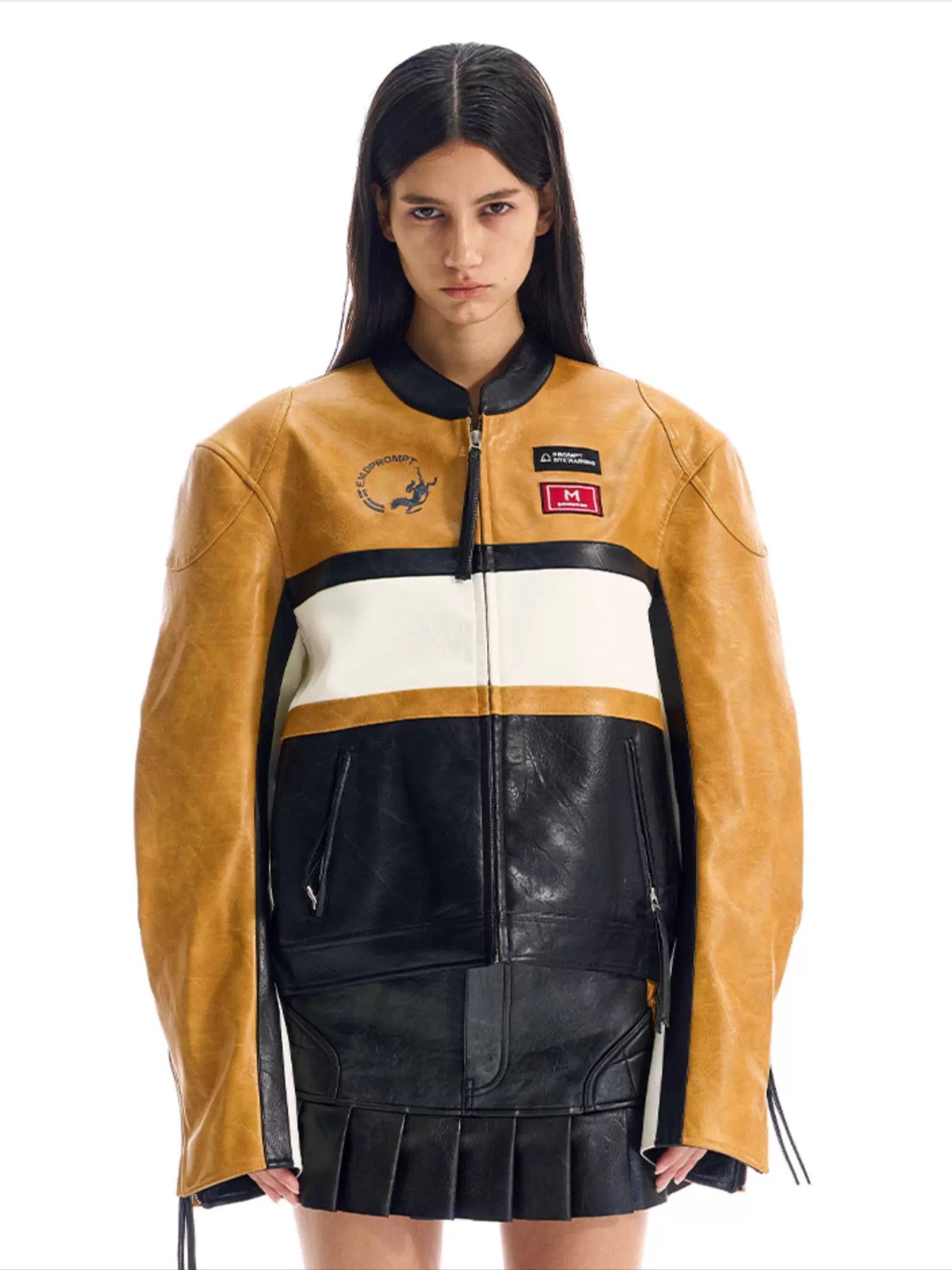Color-Blocked Cropped Leather Sports Jacket