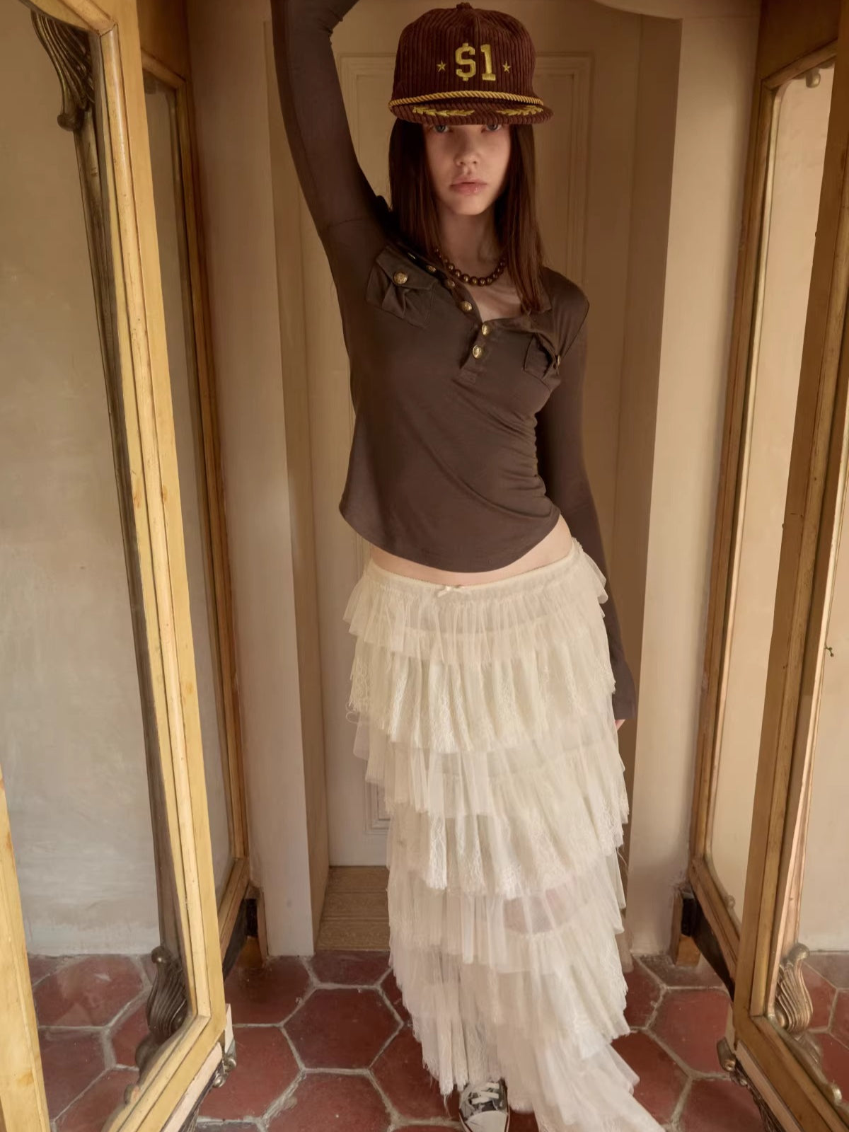 French Lace Layered Tulle Midi Skirt