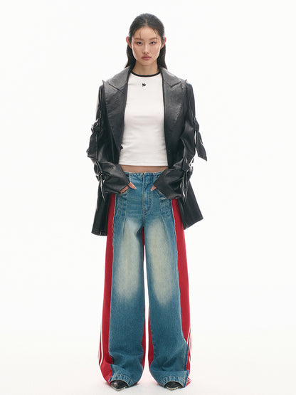 Elastic-Waist Color-Blocked Wide-Leg Pants