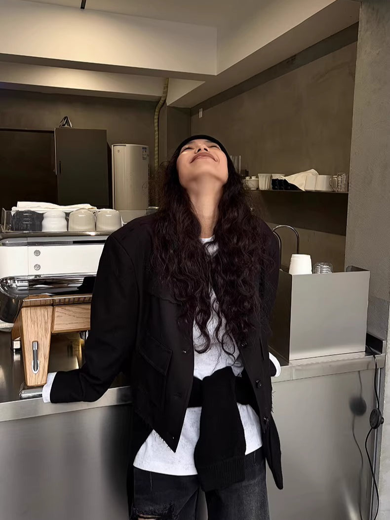 Washed Fringe-Edge Collarless Cropped Blazer