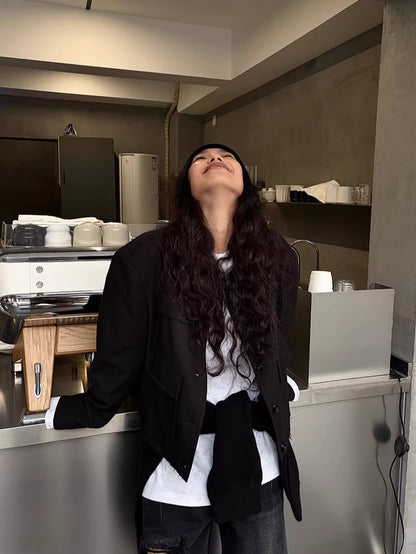 Washed Fringe-Edge Collarless Cropped Blazer