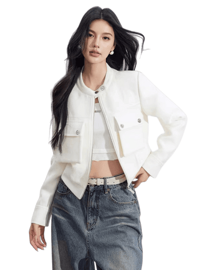 Chic Stand-Collar Tweed-Style Short Jacket