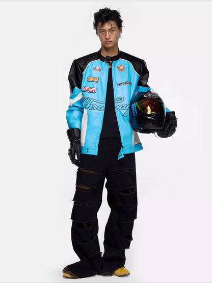 Contrast-Color Faux Leather Jacket