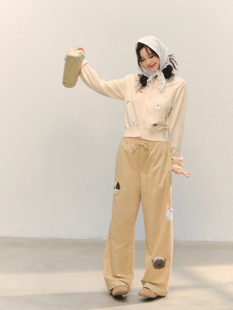 Dog Embroidery Crew Neck Knit Cardigan