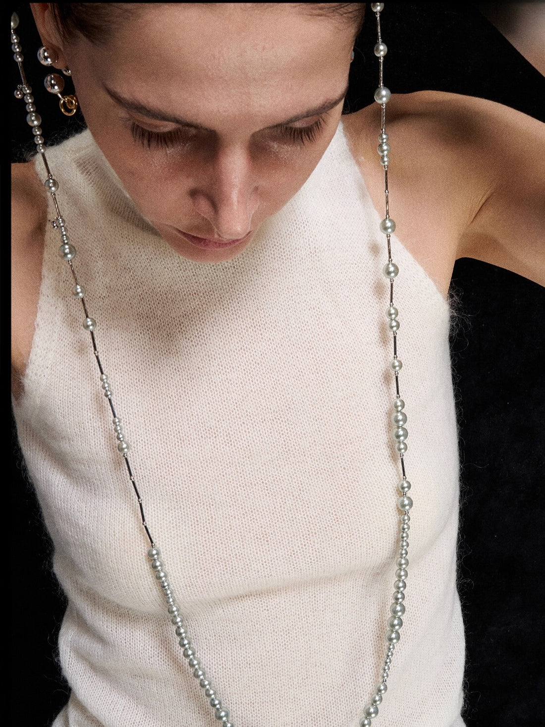 Silver Layered Pearl Sweater Necklace