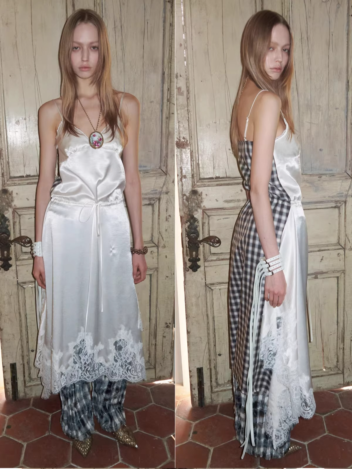 Lace Patchwork Plaid V-Neck Slip Dress